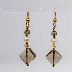 Cushion cut smokey Quartz dangle drop earrings gold tone